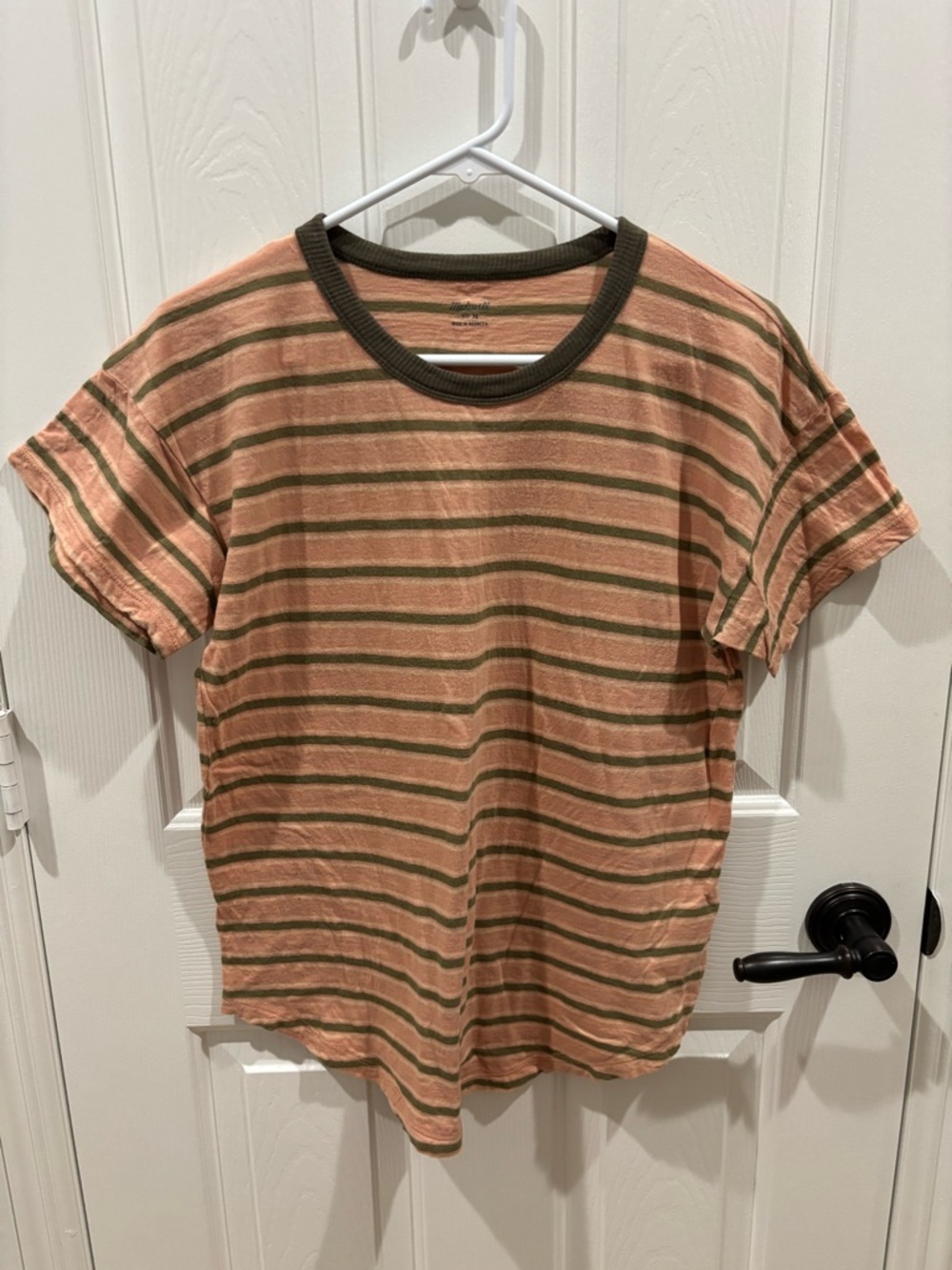 Madewell Peach and Olive Striped Crew Tee
